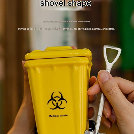 Grey  Creative Trash Can Ceramic Mug with Shovel Spoon - 400ml Funny Garbage Bin Coffee Cup with Lid - Novelty Gag Gift for Birthday Christmas - Quirky Kitchen Cup for Home Office