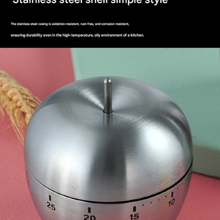Apple Shape Stainless Steel Kitchen Timer Mechanical Cooking Timer -  Wind-Up 60 Minute Countdown Timer - Loud Ring 72dB Baking Tool with Non-Slip Base - Battery-Free Analog Timer for Home Office