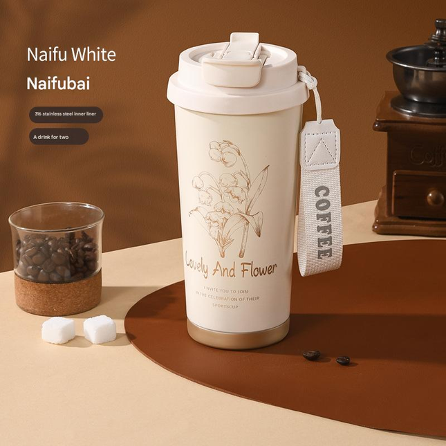 White 316 Stainless Steel Insulated Coffee Tumbler 500ml with Dual-Use Lid Lily of the Valley