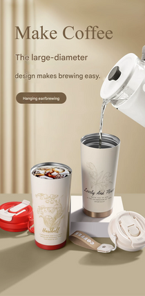White 316 Stainless Steel Insulated Coffee Tumbler 500ml  with Dual-Use Lid, Lily of the Valley Design, Leak-Proof Sip and Straw, BPA-Free Thermal Cup for Hot Cold Beverages