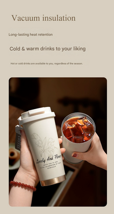 Red 316 Stainless Steel Insulated Coffee Tumbler 500ml  with Dual-Use Lid, Lily of the Valley Design, Leak-Proof Sip and Straw, BPA-Free Thermal Cup for Hot Cold Beverages