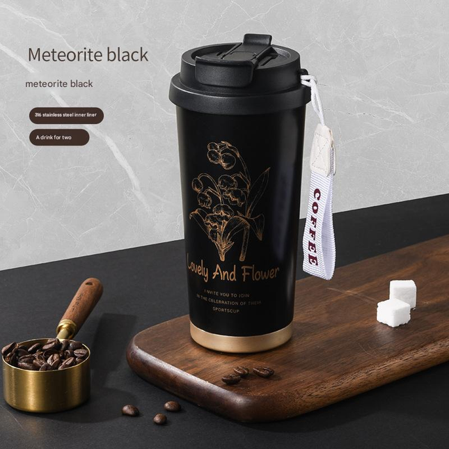 Black 316 Stainless Steel Insulated Coffee Tumbler 500ml with Dual-Use Lid Lily of the Valley