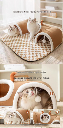 Brown  S size Cat Tunnel Bed House 4-Season Universal Removable Washable U-Shaped Cat Cave with Multi-Entrance, Plush Hideaway Pet Nest with Detachable Mat for Indoor Cats, Non-Slip Bottom, Multi-Cat Friendly