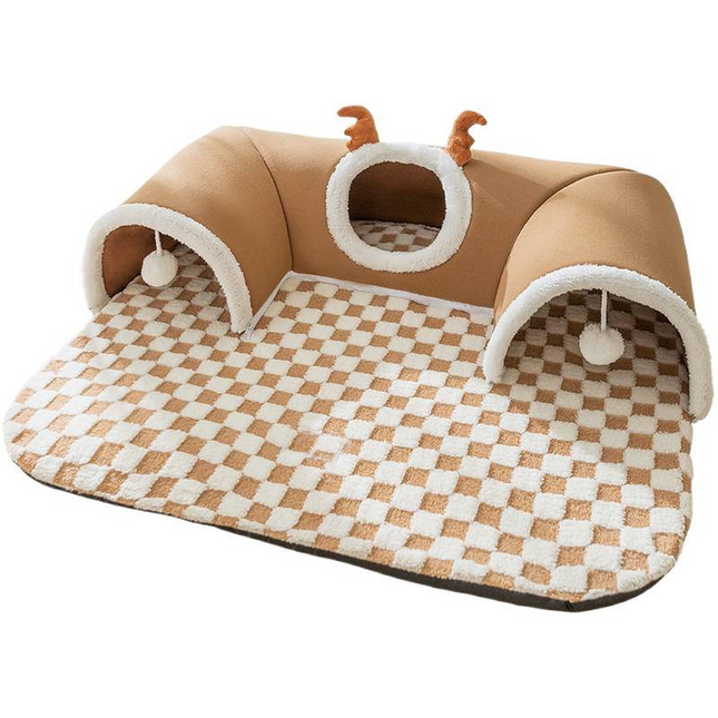 Brown M size Cat Tunnel Bed House 4-Season Universal Removable Washable U-Shaped Cat Cave