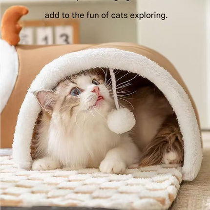 Brown  M size Cat Tunnel Bed House 4-Season Universal Removable Washable U-Shaped Cat Cave with Multi-Entrance, Plush Hideaway Pet Nest with Detachable Mat for Indoor Cats, Non-Slip Bottom, Multi-Cat Friendly