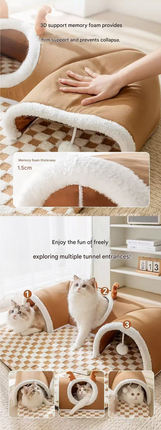 Grey L size Cat Tunnel Bed House 4-Season Universal Removable Washable U-Shaped Cat Cave with Multi-Entrance, Plush Hideaway Pet Nest with Detachable Mat for Indoor Cats, Non-Slip Bottom, Multi-Cat Friendly