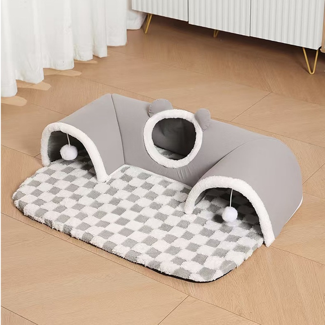 Grey XL size Cat Tunnel Bed House 4-Season Universal Removable Washable U-Shaped Cat Cave