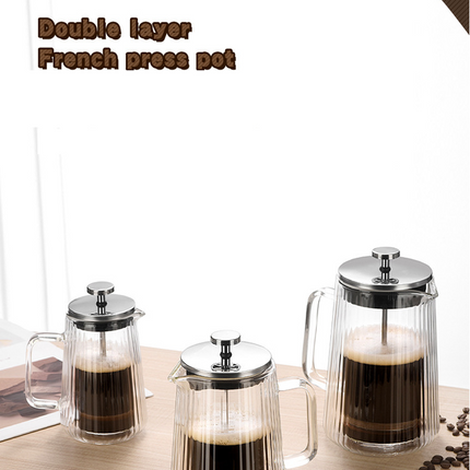 1000ML Double Wall Glass French Press Coffee Maker - Borosilicate Glass Coffee Plunger with 304 Stainless Steel Filter, Heat Resistant Vertical Ribbed Design for Home Brewing