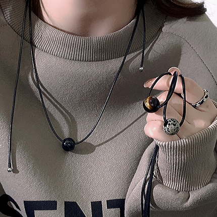 Vintage Geometric Natural Stone Bead Pendant Necklace Adjustable Black Rope Collarbone Chain Unisex Boho Jewelry Gift-Spotted Stone
