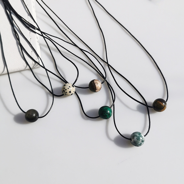 6-piece Vintage Geometric Natural Stone Bead Pendant Necklace Adjustable Black Rope Collarbone Chain Unisex