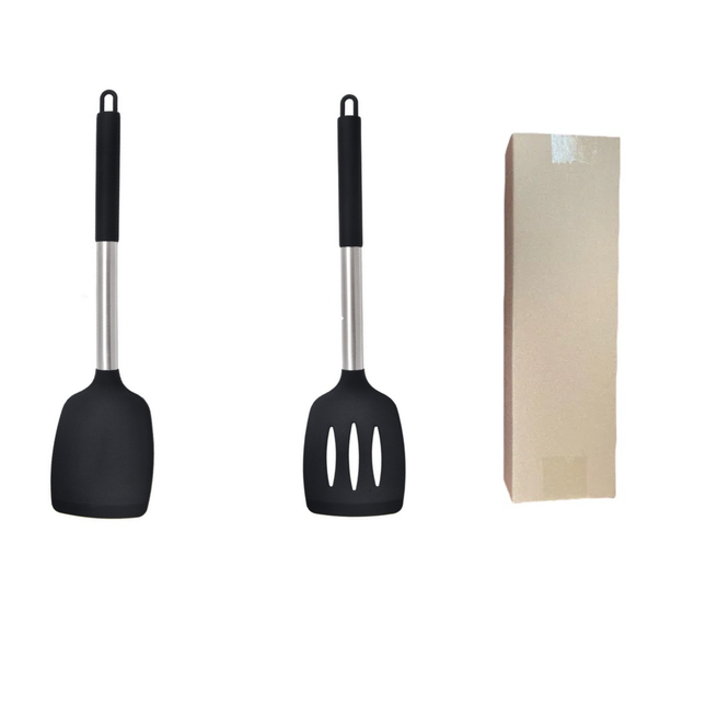 Black 2-Piece Silicone Spatula Set Slotted Turner Solid Turner Stainless Steel Handle Heat Resistant