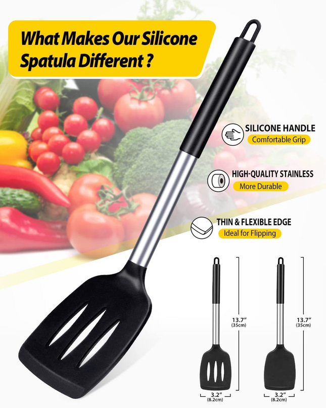 Black 2-Piece Silicone Spatula Set Slotted Turner Solid Turner Stainless Steel Handle Heat Resistant – product detail