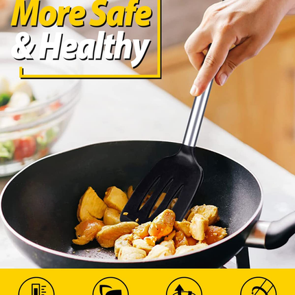 Black 2-Piece Silicone Spatula Set Slotted Turner Solid Turner Stainless Steel Handle Heat Resistant Non-Stick Cookware Kitchen Utensils