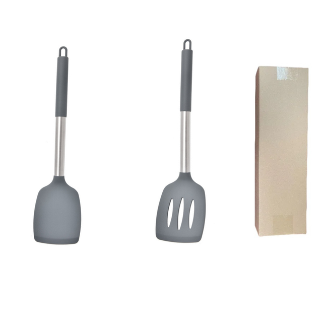 Grey 2-Piece Silicone Spatula Set Slotted Turner Solid Turner Stainless Steel Handle Heat Resistant