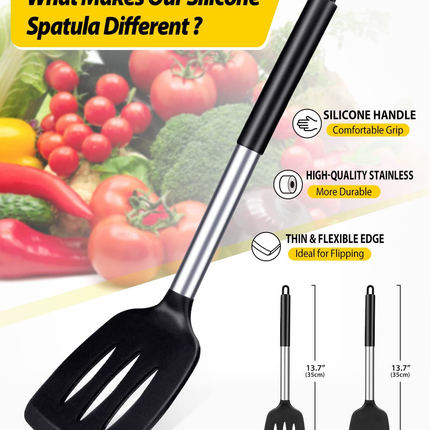 Grey 2-Piece Silicone Spatula Set Slotted Turner Solid Turner Stainless Steel Handle Heat Resistant Non-Stick Cookware Kitchen Utensils