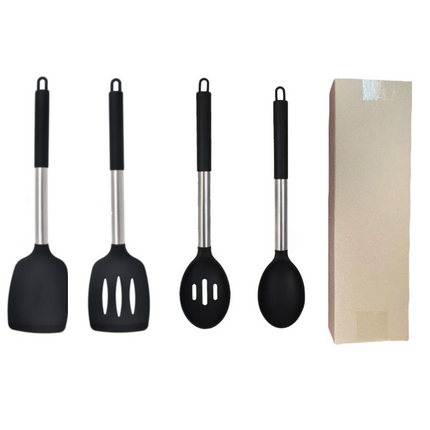 Black 4-Piece Silicone Spatula Set Slotted Turner Solid Turner Stainless Steel Handle Heat Resistant Non-Stick Cookware Kitchen Utensils
