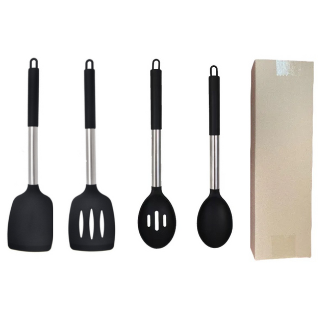 Black 4-Piece Silicone Spatula Set Slotted Turner Solid Turner Stainless Steel Handle Heat Resistant