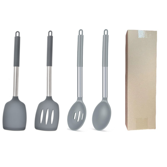 Grey 4-Piece Silicone Spatula Set Slotted Turner Solid Turner Stainless Steel Handle Heat Resistant
