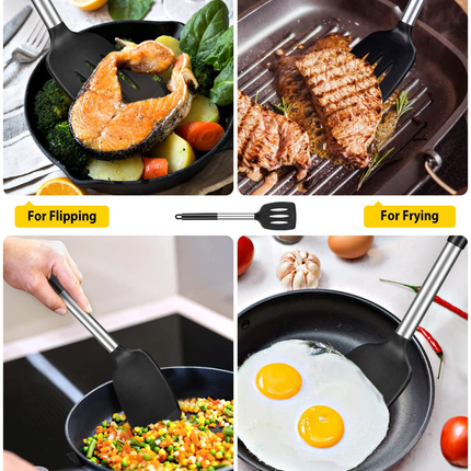 Grey 4-Piece Silicone Spatula Set Slotted Turner Solid Turner Stainless Steel Handle Heat Resistant Non-Stick Cookware Kitchen Utensils