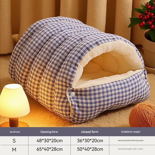 S size Blue Plaid Cat Cave Bed Winter Warm Enclosed Pet House Cozy Cat Sleeping V888-ELOSUNG50365