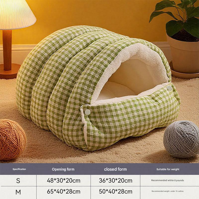 S size Green Plaid Cat Cave Bed Winter Warm Enclosed Pet House Cozy Cat Sleeping V888-ELOSUNG50367