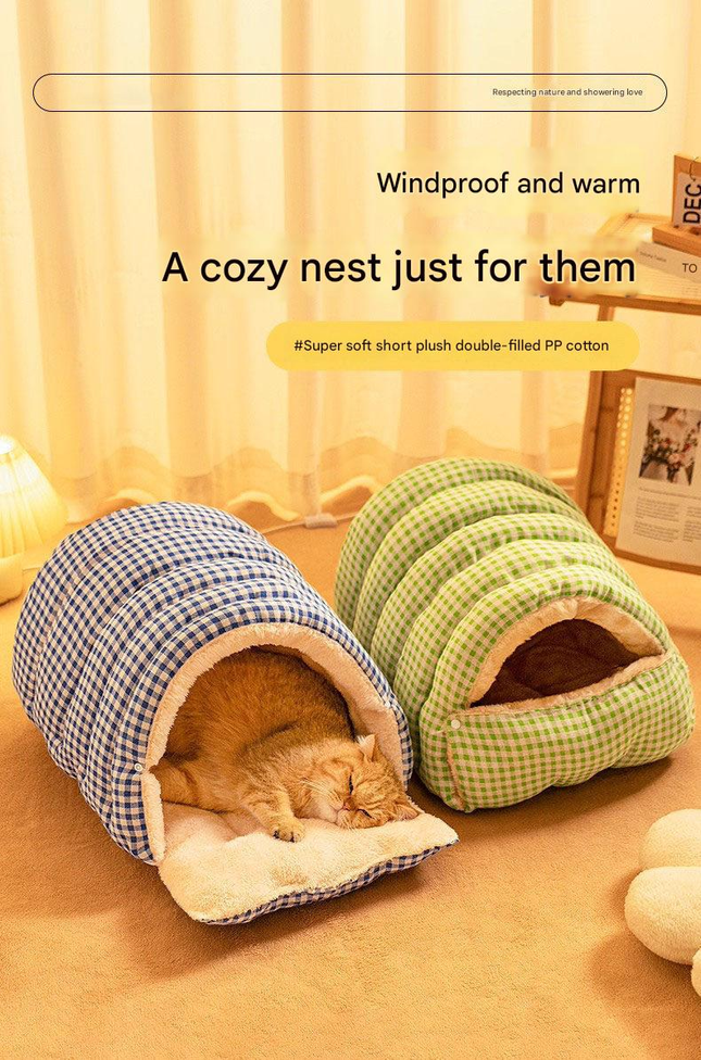 S size Green Plaid Cat Cave Bed Winter Warm Enclosed Pet House Cozy Cat Sleeping – product detail