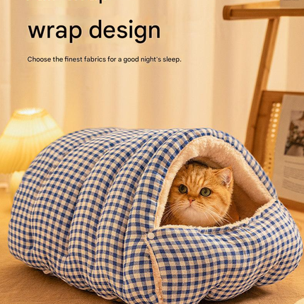 S size Green Plaid Cat Cave Bed Winter Warm Enclosed Pet House Cozy Cat Sleeping Bag Semi-Enclosed Cat Nest Small Dog Bed PP Cotton Filling Washable Pet Supplies
