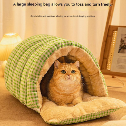 M size Green Plaid Cat Cave Bed Winter Warm Enclosed Pet House Cozy Cat Sleeping Bag Semi-Enclosed Cat Nest Small Dog Bed PP Cotton Filling Washable Pet Supplies