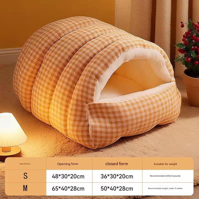 M size Orange Plaid Cat Cave Bed Winter Warm Enclosed Pet House Cozy Cat Sleeping V888-ELOSUNG50370