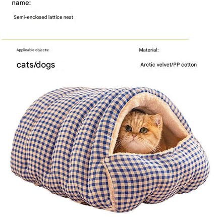M size Orange Plaid Cat Cave Bed Winter Warm Enclosed Pet House Cozy Cat Sleeping Bag Semi-Enclosed Cat Nest Small Dog Bed PP Cotton Filling Washable Pet Supplies