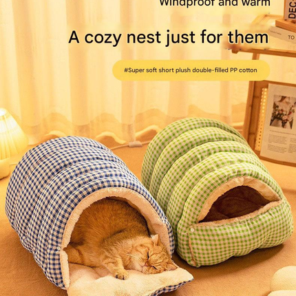 M size Yellow Plaid Cat Cave Bed Winter Warm Enclosed Pet House Cozy Cat Sleeping Bag Semi-Enclosed Cat Nest Small Dog Bed PP Cotton Filling Washable Pet Supplies