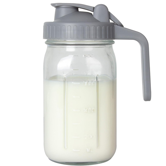 Grey Glass Mason Jar Pitcher 32oz with Flip Lid Pour Spout Milk Jug Leak-Proof Airtight V888-ELOSUNG50380