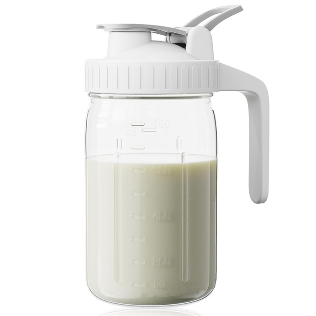 White Glass Mason Jar Pitcher 32oz with Flip Lid Pour Spout Milk Jug Leak-Proof Airtight