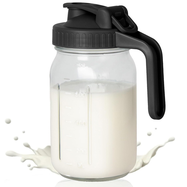 Black Glass Mason Jar Pitcher 32oz with Flip Lid Pour Spout Milk Jug Leak-Proof Airtight