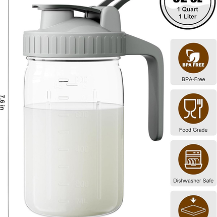 Orange Glass Mason Jar Pitcher 32oz with Flip Lid Pour Spout Milk Jug Leak-Proof Airtight Seal Wide Mouth Beverage Container Cold Brew Coffee Iced Tea Juice Milk Dispenser Fridge Storage