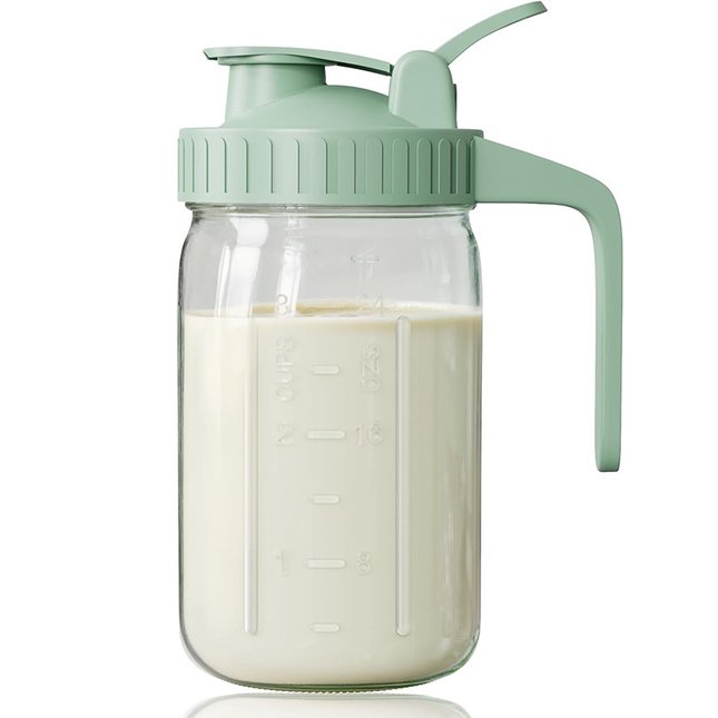 Green Glass Mason Jar Pitcher 32oz with Flip Lid Pour Spout Milk Jug Leak-Proof Airtight