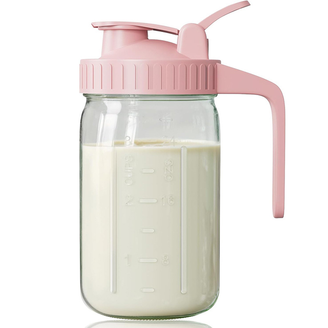 Pink Glass Mason Jar Pitcher 32oz with Flip Lid Pour Spout Milk Jug Leak-Proof Airtight V888-ELOSUNG50385