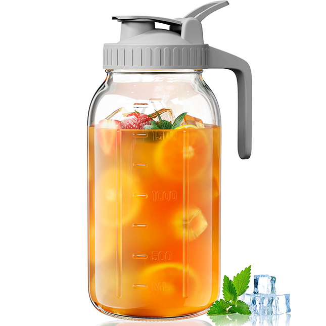 Grey Glass Mason Jar Pitcher 64oz with Flip Lid Pour Spout Milk Jug Leak-Proof Airtight V888-ELOSUNG50387