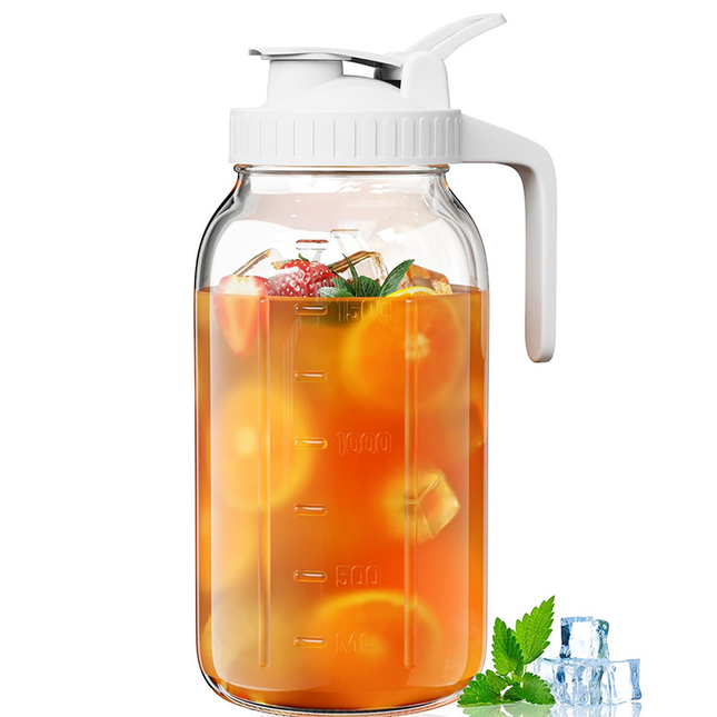 White Glass Mason Jar Pitcher 64oz with Flip Lid Pour Spout Milk Jug Leak-Proof Airtight