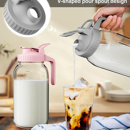 White Glass Mason Jar Pitcher 64oz with Flip Lid Pour Spout Milk Jug Leak-Proof Airtight Seal Wide Mouth Beverage Container Cold Brew Coffee Iced Tea Juice Milk Dispenser Fridge Storage