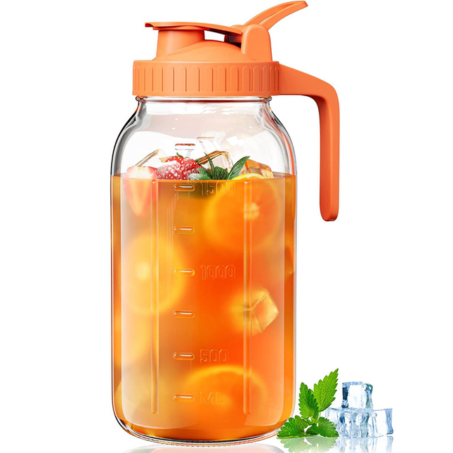 Orange Glass Mason Jar Pitcher 64oz with Flip Lid Pour Spout Milk Jug Leak-Proof Airtight