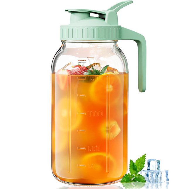 Green Glass Mason Jar Pitcher 64oz with Flip Lid Pour Spout Milk Jug Leak-Proof Airtight