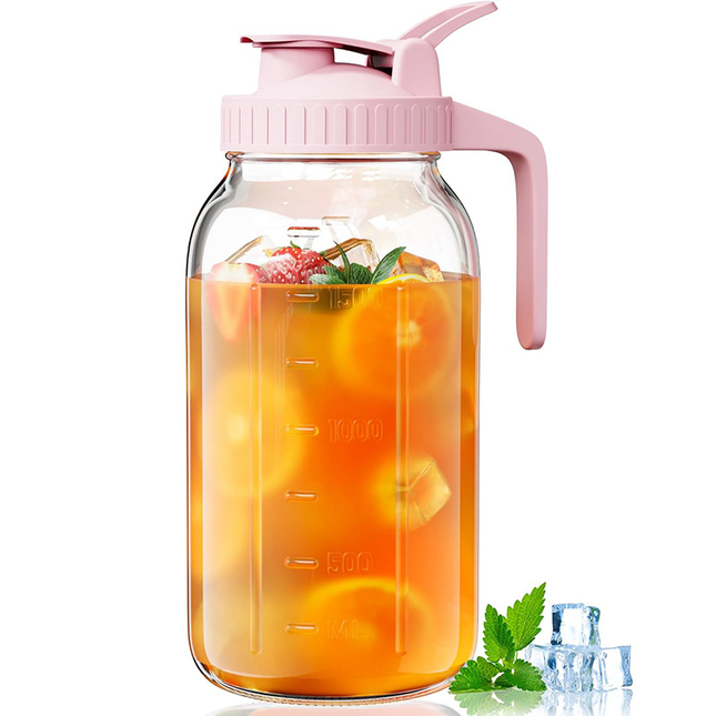Pink Glass Mason Jar Pitcher 64oz with Flip Lid Pour Spout Milk Jug Leak-Proof Airtight V888-ELOSUNG50392