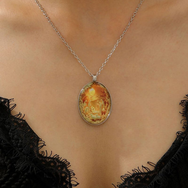 3D Nativity Scene Necklace- Oval Pendant Jesus Birth Christmas Easter Gift for Women Men Zinc Alloy Chain