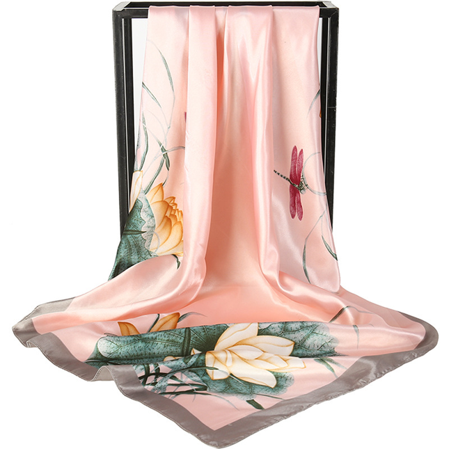 Pink Dragonfly and Lotus Flower Painting Elegant 90x90cm Satin Silk Scarf for V888-ELOSUNG50435