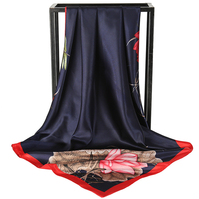 Blue Dragonfly and Lotus Flower Painting Elegant 90x90cm Satin Silk Scarf for V888-ELOSUNG50436