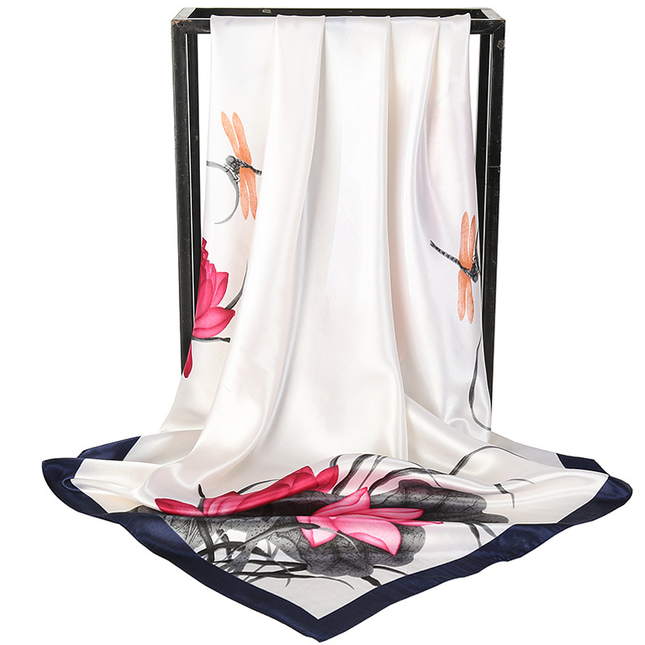 White Dragonfly and Lotus Flower Painting Elegant 90x90cm Satin Silk Scarf for V888-ELOSUNG50437