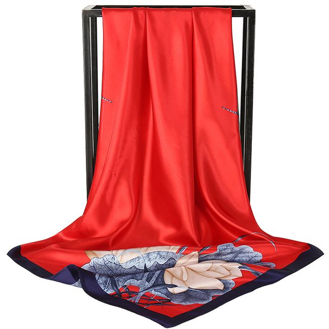 Red Dragonfly and Lotus Flower Painting Elegant 90x90cm Satin Silk Scarf for V888-ELOSUNG50438