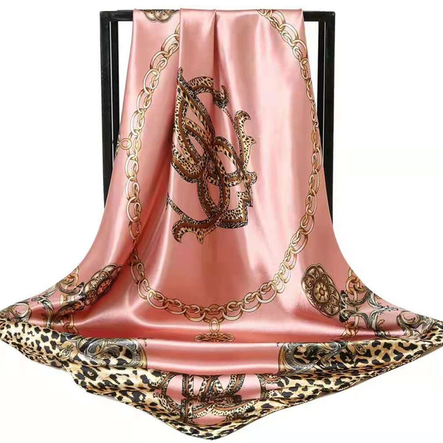 Pink Leopard Print Chain Pattern Elegant 90x90cm Satin Silk Scarf for V888-ELOSUNG50439