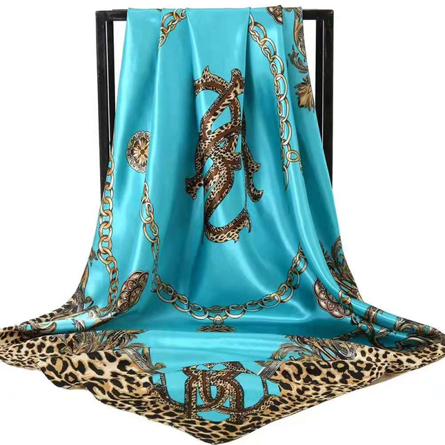 Blue Leopard Print Chain Pattern Elegant 90x90cm Satin Silk Scarf for V888-ELOSUNG50440